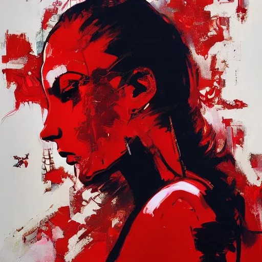 Image similar to portrait of a daydreaming melancholic latin woman in red habit being progressively rasterized into pixels from another world, she is surrounded by digital birds and a giant loving neon mecha robot is besides her, oil on canvas by yoji shinkawa, esao andrews, dave mckean and stina persson