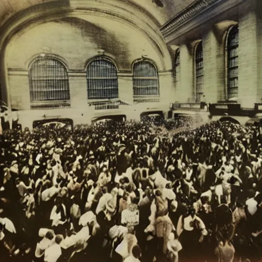 Prompt: colorized photo of water - balloon fight in grand central station 1 9 2 3