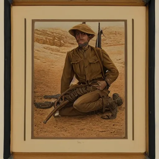 Image similar to a detailed photorealistic sepia - toned color portrait painting of a 1 9 1 7 worried clean - shaven british lieutenant in detailed field gear wearing a finely - detailed pith helmet in wadi rum examining an ancient cylindrical clay jar, ultra realistic, intricate details, atmospheric, dark, horror, brooding, highly detailed, by clyde caldwell