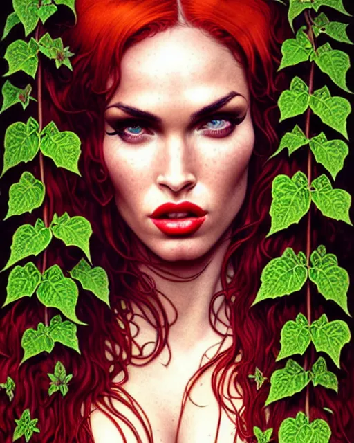 Image similar to closeup portrait of poison ivy megan fox, beautiful succubus, intricate, flowers, hyperrealism, intense, dmt, artgerm, moebius, glamour pose, arney freytag, greg rutkowski, maxfield parrish, dan mumford, moebius, alphonse mucha