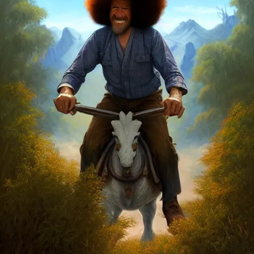 Image similar to bob ross!!! riding!!! a dinosaur!!, giant afro!, model pose, ultra realistic, concept art, intricate details, highly detailed, photorealistic, octane render, 8 k, unreal engine. art by artgerm and greg rutkowski and alphonse mucha