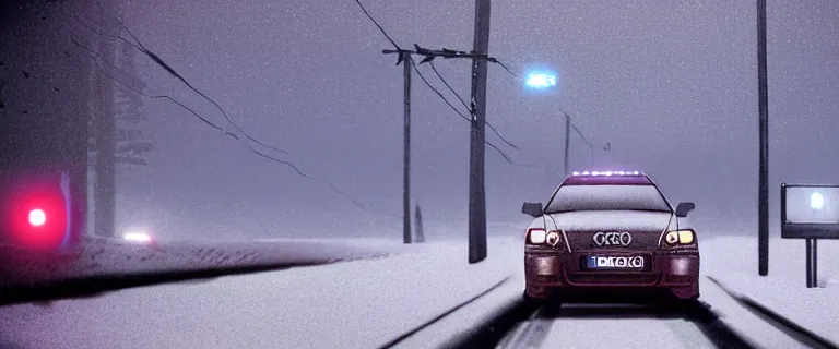 Image similar to Audi A4 B6 Avant (2002), a gritty neo-noir, Robot horror, dramatic bright lighting, cinematic, establishing shot, extremely high detail, photorealistic, cinematic lighting, artstation, by simon stalenhag, Snowy italian road, Snowy Apennines, At night, Poets of the Fall - Late Goodbye