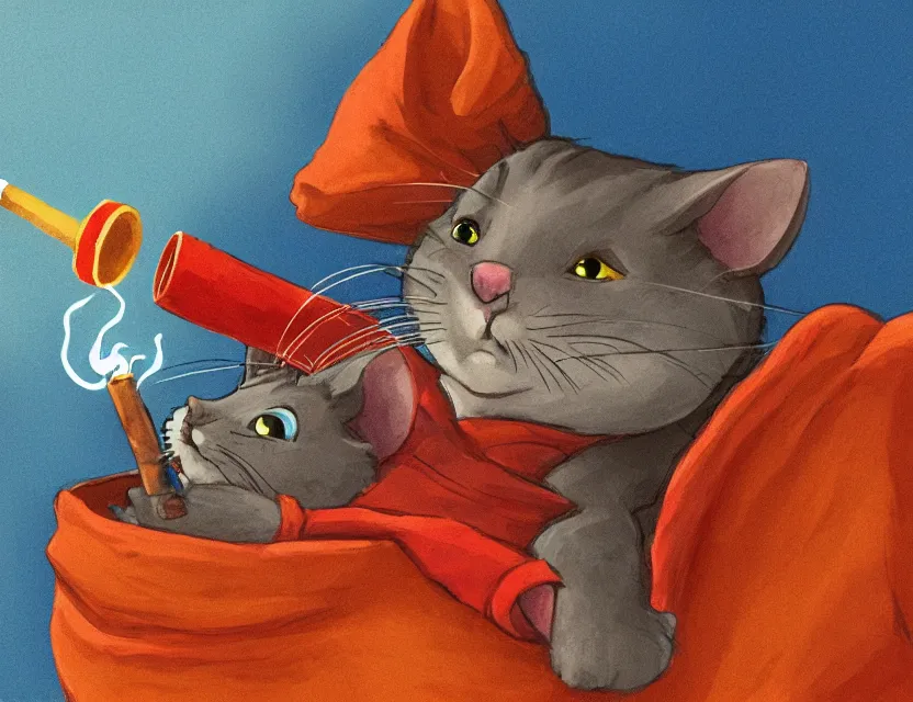 Image similar to adventurer mouse smoking a joint with the cat, cat has big red eyes, tired look. complementary colors, gouache, indie concept art, bloom, chiaroscuro, backlighting, intricate details.