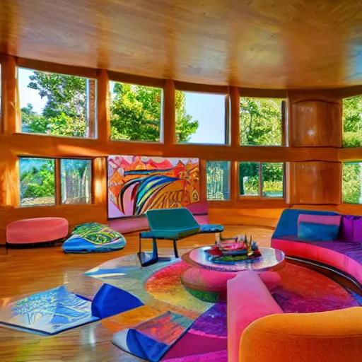 Prompt: a house designed by lisa frank and frank lloyd wright