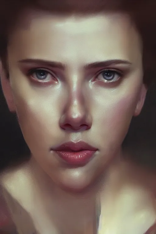 Image similar to a fancy portrait of a Scarlett Johansson with an intense look in her eyes by Greg Rutkowski, Sung Choi, Mitchell Mohrhauser, Maciej Kuciara, Johnson Ting, Maxim Verehin, Peter Konig, final fantasy , mythical, 8k photorealistic, cinematic lighting, HD, high details, atmospheric,