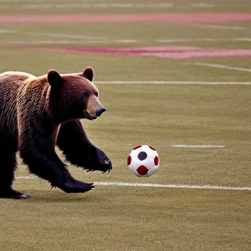 Prompt: a bear is playing football on the field.