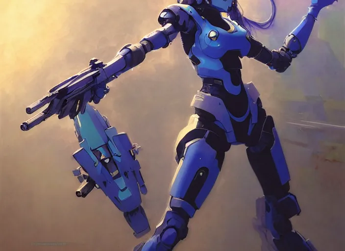 Image similar to character design digital 2 d women indian evangelion cyborg blue armor with and hologram gun by gaston bussiere, anna nikonova aka newmilky, greg rutkowski, yoji shinkawa, yoshitaka amano, tsutomu nihei, muira, moebius, donato giancola, trending on artstation, featured on pixiv