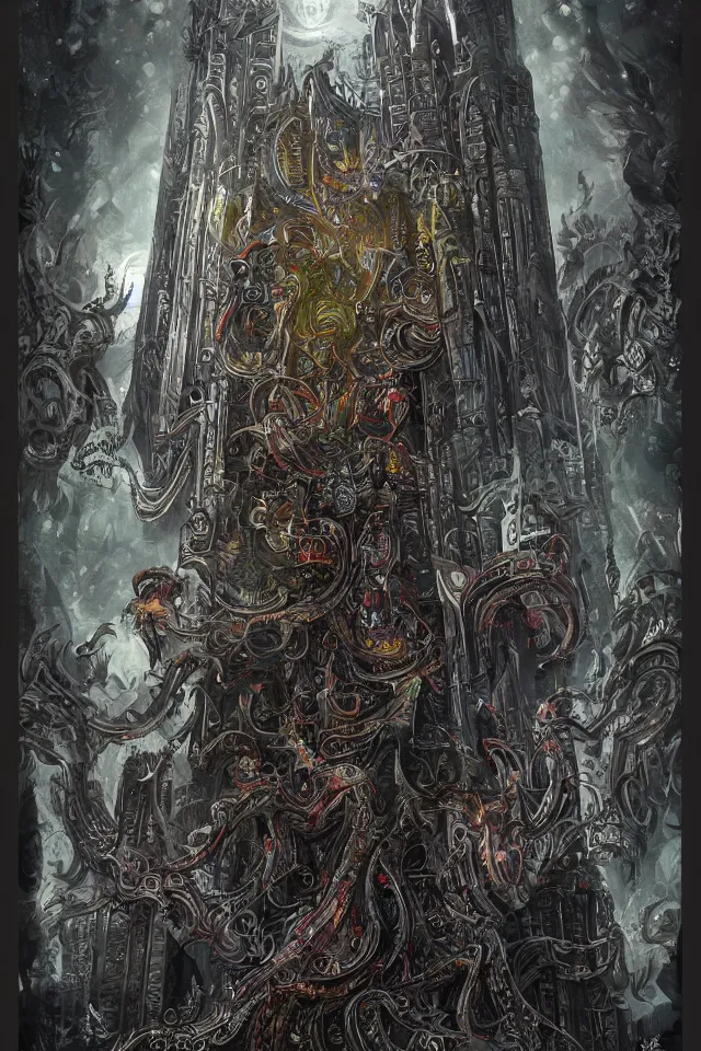 Image similar to Menacing tower, maximalist, high detail, 8k, ornate, dark fantasy, realistic, masterpiece, Trending on art station, complex, tarot card WLOP