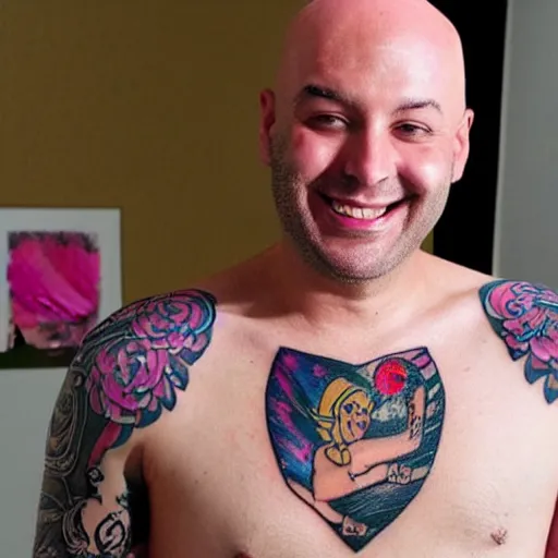 Image similar to a joyous bald man with a tattoo of a pink - haired goddess on his chest