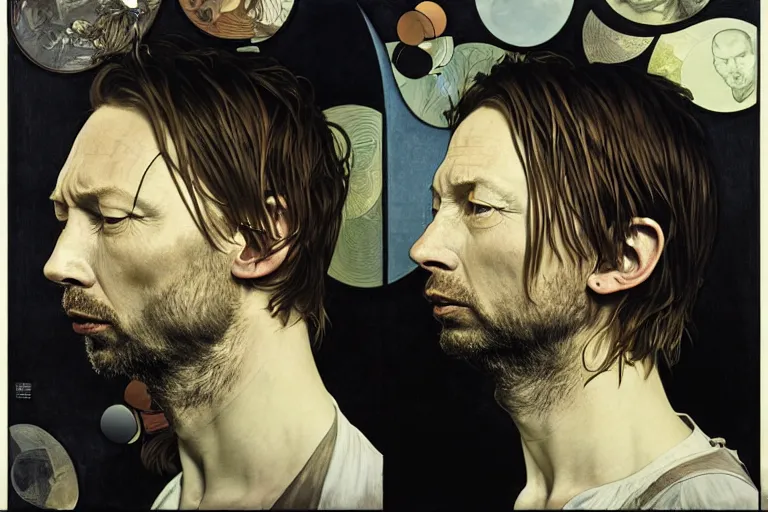 Image similar to hyper realistic portrait of thom yorke version singer songwriter ok computer, ( side ) profile, liminal space, by lee bermejo, alphonse mucha and greg rutkowski