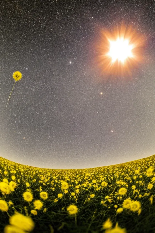 Prompt: low angle, shot from below. large rising sun in morning sky. milky way and galaxies in the, galaxies. 3 0 second shot. field of big frozen yellow flowers. f 1. 8 lens, 1 6 mm, lens flare, glow, bokeh. high detail. photorealistic, romantic
