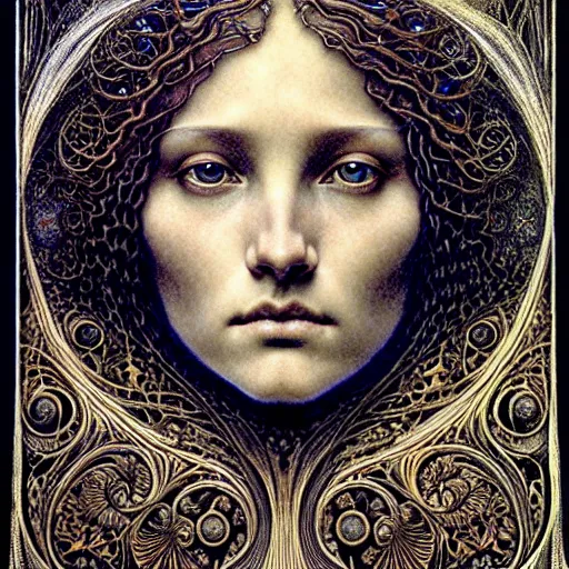 Prompt: detailed realistic beautiful young medieval queen face portrait by jean delville, gustave dore, iris van herpen and marco mazzoni, art forms of nature by ernst haeckel, art nouveau, symbolist, visionary, gothic, pre - raphaelite, horizontal symmetry, fractal lace, memento mori