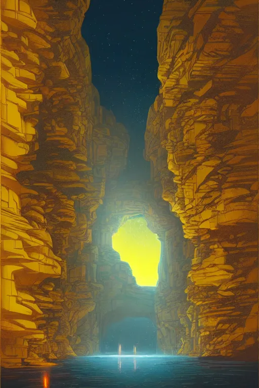 Image similar to ancient temple glowing yellow in a canyon, light streaks in night sky full of stars, dramatic lighting, artstation, matte painting, ralph mcquarrie, simon stalenhag