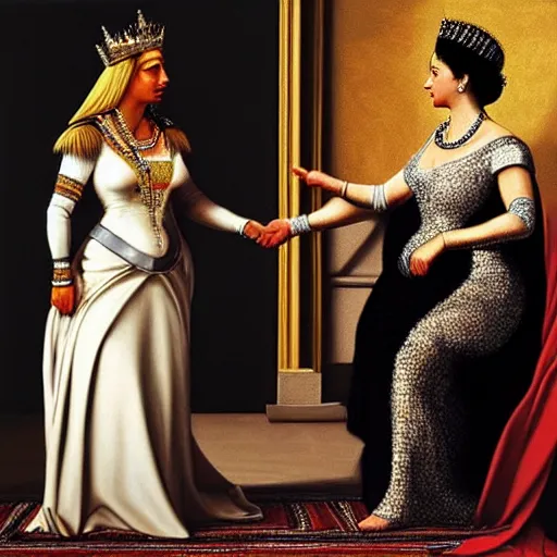 Prompt: hyper realistic oil painting of photo of queen elizabeth ii meeting queen cleopatra in egypt, in the style of caravaggio