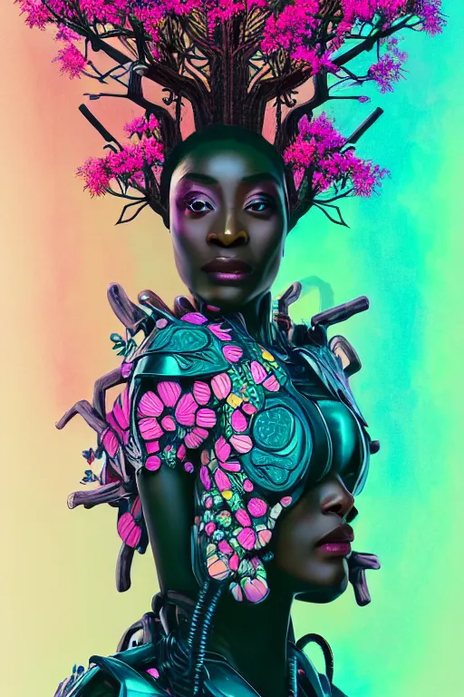 Prompt: illustration neo - victorian cinematic super expressive! yoruba goddess with exoskeleton armor, merging with tree in a forest, pink yellow flowers, highly detailed digital art masterpiece, smooth etienne sandorfi eric zener dramatic pearlescent soft teal light, ground angle hd 8 k, sharp focus