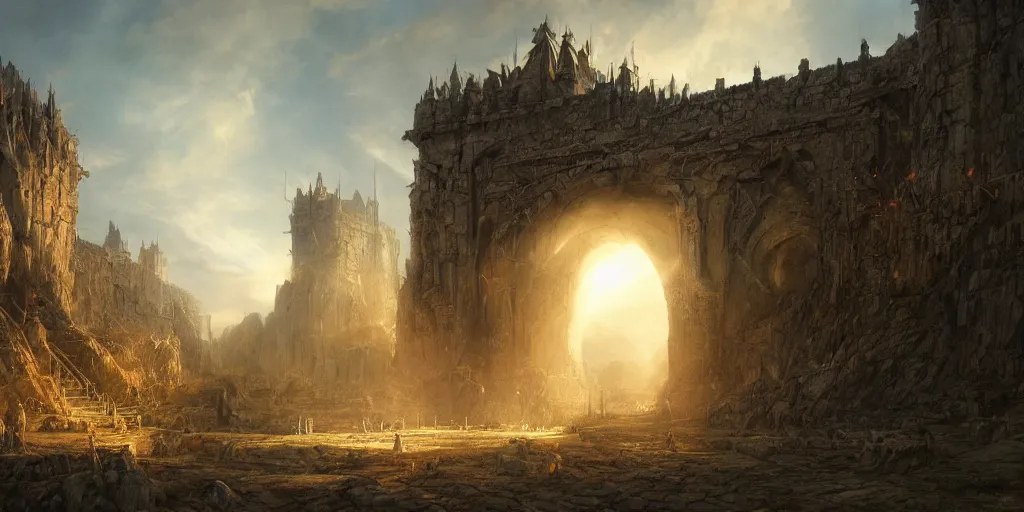 Prompt: Battle of the Black Gate, golden hour, detailed matte painting, cinematic, Alan Lee, Artstation