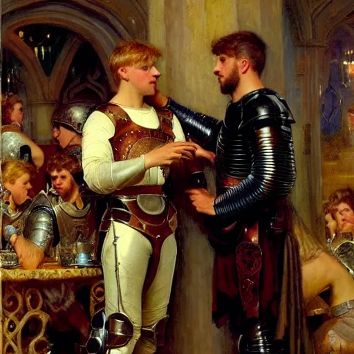 Image similar to attractive fully clothed arthur pendragon confesses his love for his attractive fully clothed male knight. highly detailed painting by gaston bussiere and j. c. leyendecker 8 k