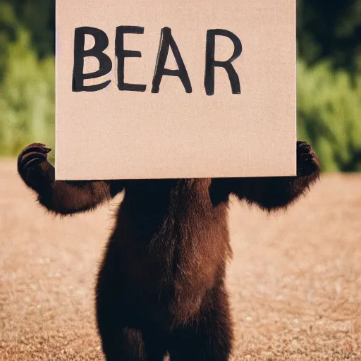 Image similar to bear holding a sign that says bear, 5 0 mm lens, bokeh, good lighting