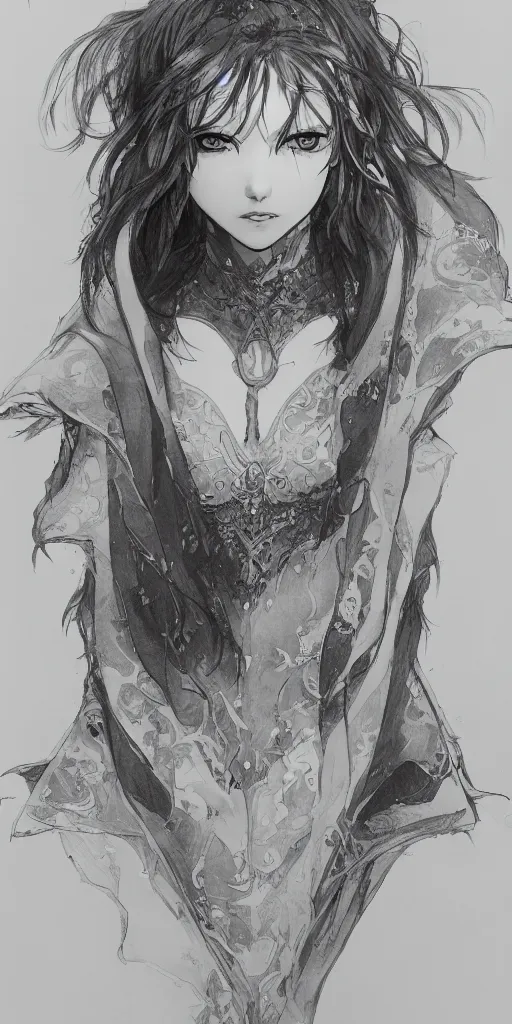 Image similar to a beautiful drawing of a girl with a heart shaped face wearing a cloak made of mists, yoji shinkawa and hyung - tae kim, highly intricate and detailed, featured on artstation, close up body shot