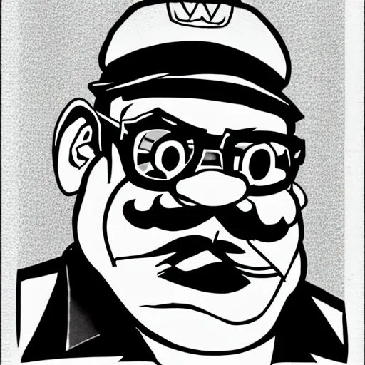 Image similar to Wario in style of fear and loathing in las vegas,black and white