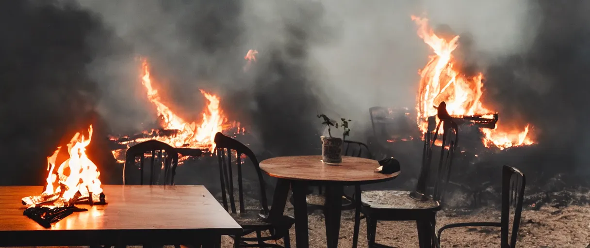 Image similar to a photograph of a big fire on a dining room on fire, only remains a wooden table and a chair (no fire at all there), an human-like relaxed dog sitting at this table, ☕ on the table, surrounded by flames, a lot of flames behind the dog, black smoke instead of the ceiling, no watermark