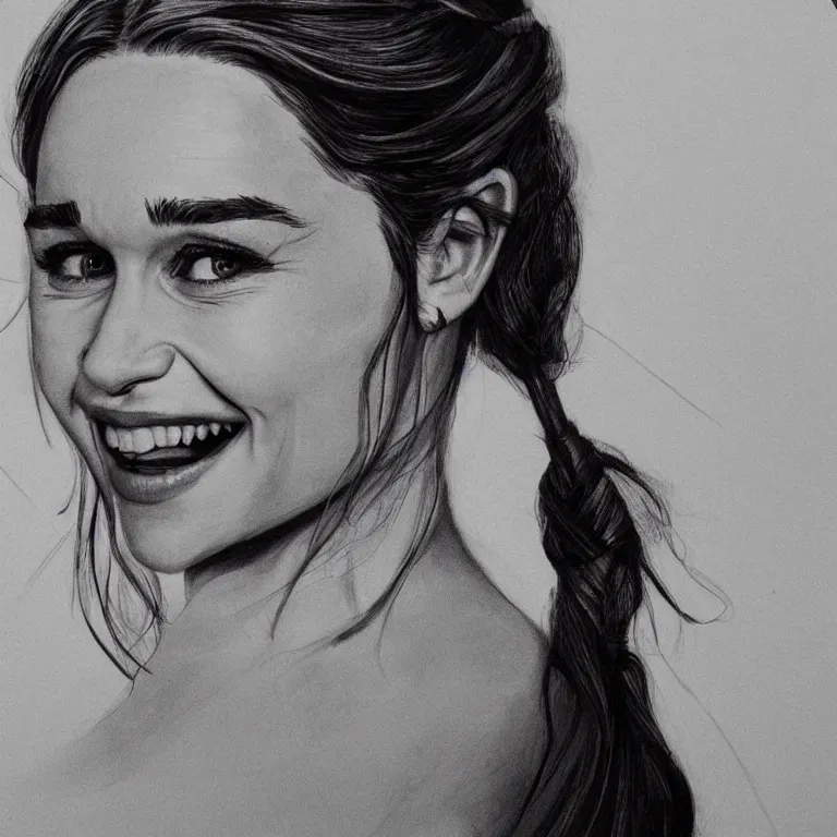 Image similar to an amaze - art painting of emilia clarke using single line, realism, smiling face