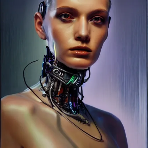 Image similar to cyberpunk robot fashion model portrait, hyperrealism oil painting, artstation