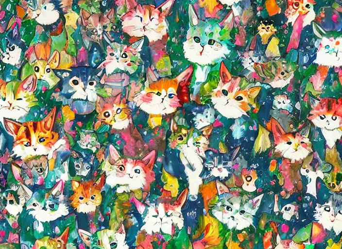 Image similar to A CROWD OF CALICO CATS vintage 90\'s anime mixed with pastel impasto highly rhythmic SO MANY CALICO CATS expressionistic wild anime pleasing palette INTERLOCKING CALICO CATS trending on artstation super fluffy funhouse surreal unpredictable wild SLINKING PACK OF CALICO CATS unexplainable fantasy land you could not have dreamed of TOO MANY CATS