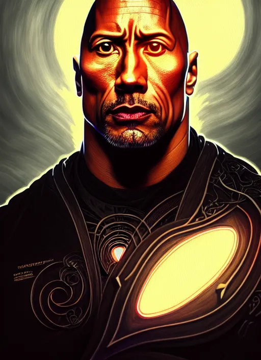 Image similar to portrait of dwayne johnson glowing eyes, volumetric lights, feast, music notes, art nouveau botanicals, gothic, intricate, highly detailed, digital painting, artstation, concept art, smooth, sharp focus, symmetric face, illustration, steampunk, art by artgerm and greg rutkowski and alphonse mucha