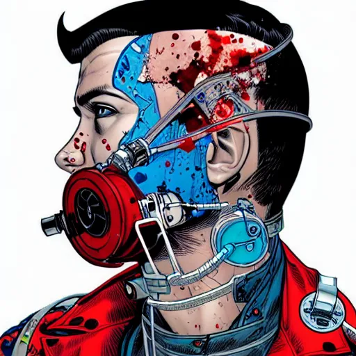 Image similar to a profile photo of an evil man with a diving oxygen mask with side profile blood in ocean intricate details by MARVEL comics and Sandra Chevrier-C