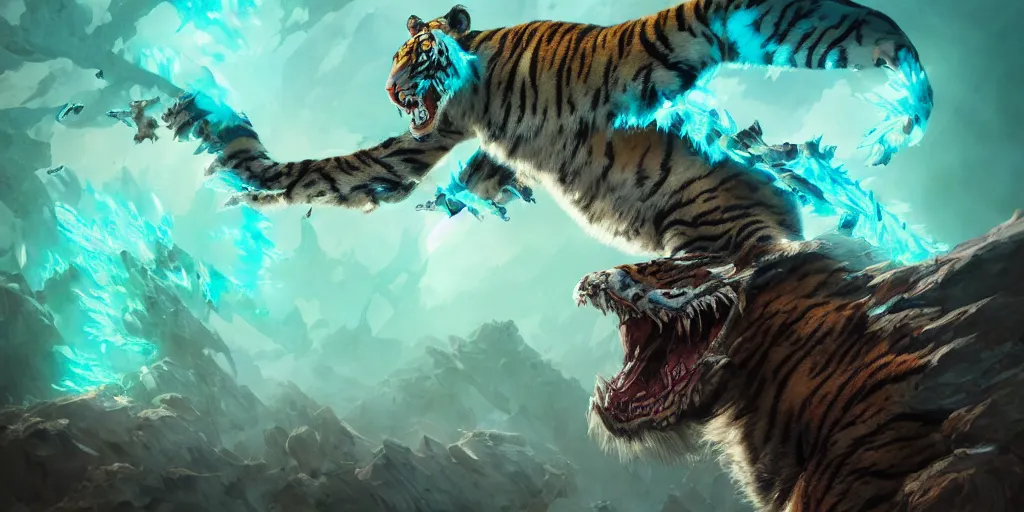 Image similar to Ghostly tiger creature made out of turquoise energy character design sheet, Monster Hunter Illustrations art book, Bright sparks, claws, huge sabertooth fangs, Moebius, Greg Rutkowski, Zabrocki, Karlkka, Jayison Devadas, Phuoc Quan, trending on Artstation, 8K, ultra wide angle, zenith view, pincushion lens effect.