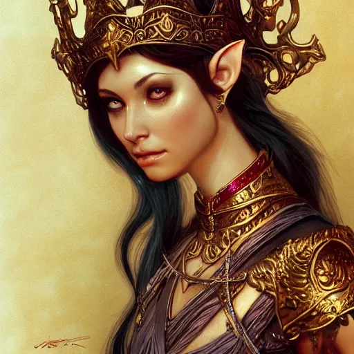 Prompt: a portrait of a young beautiful elven queen, fair complexion, rounded contours, positive canthal tilt, golden crown, intricate rococo ornamentation, ruby earings, piercings, WLOP, Craig Mullins