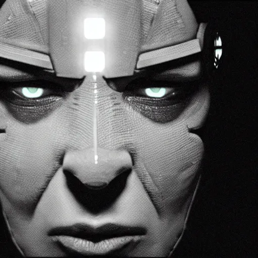 Prompt: movie still of cyborg with glowing third eye, cinematic composition, cinematic light, criterion collection, by darren aranofski