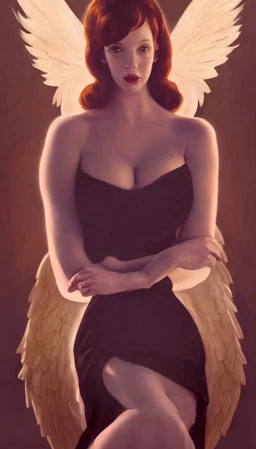 Prompt: Angel, perfectly-centered-painting of young Christina Hendricks in Mad Men looking at the camera, hands behind her back, sweaty, dynamic action pose, insane, intricate, highly detailed, digital painting, artstation, concept art, smooth, sharp focus, illustration, Unreal Engine 5, 8K, art by artgerm and greg rutkowski and alphonse mucha