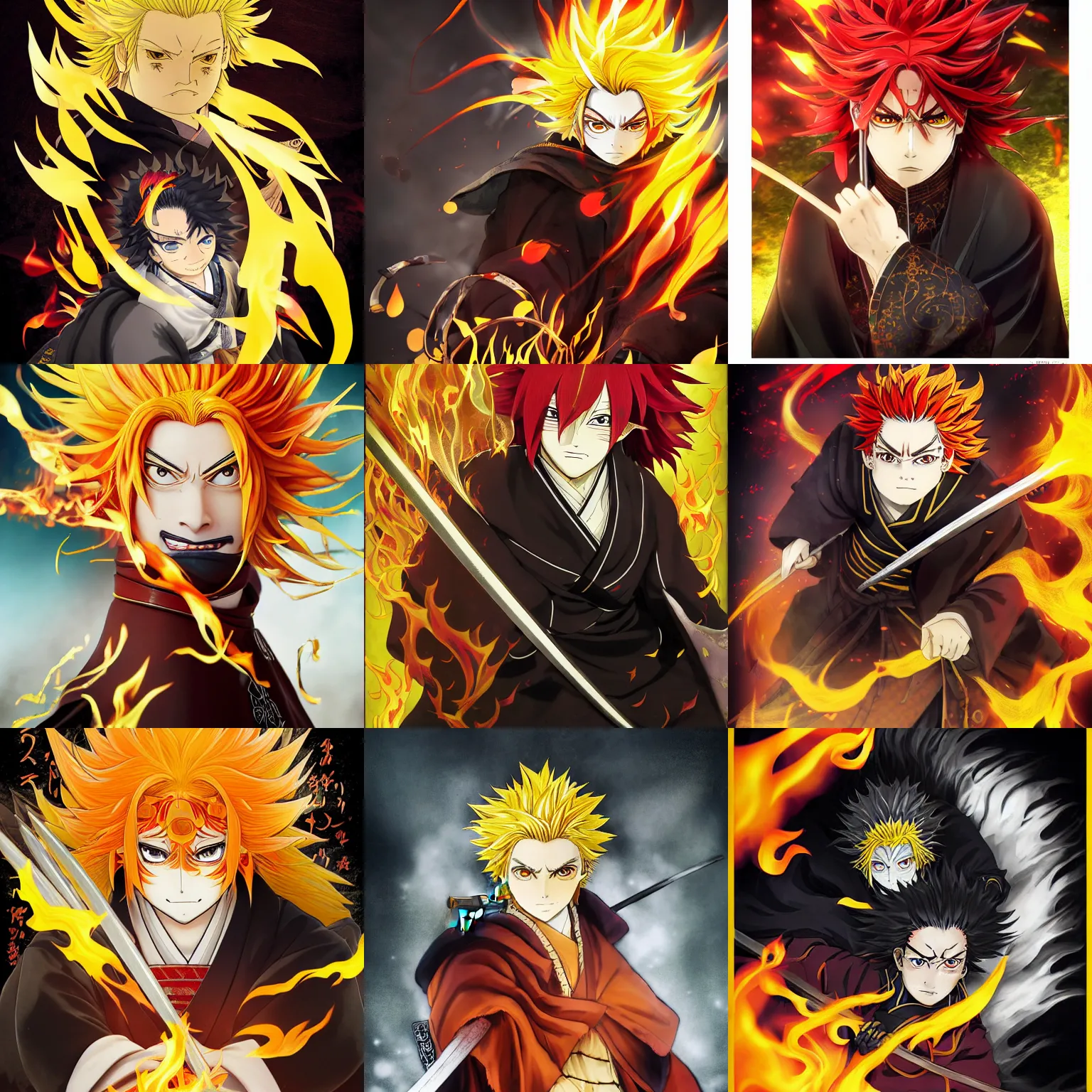 Prompt: bokeh, beautiful detail, poster cover, portrait of flame hashira rengoku kyojurou demon slayer kimetsu no yaiba, yellow flaming hair, samurai, long white cloak with flame patterns, wide eyes, thick eyebrows, full of vigor and spirit, Akihito Yoshitomi AND Yoji Shinkawa AND Greg Rutkowski, Mark Arian trending on artstation