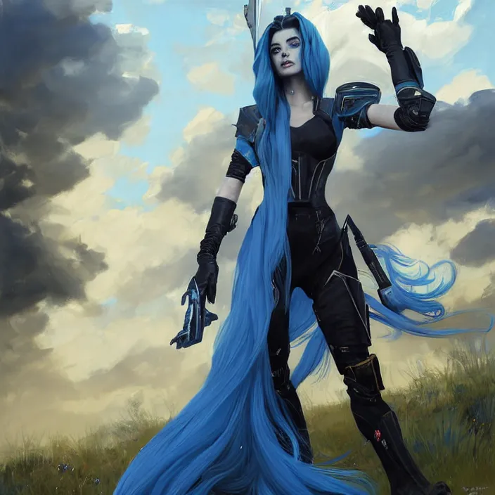 Image similar to portrait of a combination of Ashley Greene, Adriana Dxim, Grace Kelly and Lily Collins with blue hair wearing Warframe armor, countryside, calm, fantasy character portrait, dynamic pose, above view, sunny day, thunder clouds in the sky, artwork by Jeremy Lipkin and Giuseppe Dangelico Pino and Michael Garmash and Rob Rey and Greg Manchess and Huang Guangjian, very coherent asymmetrical artwork, sharp edges, perfect face, simple form, 100mm