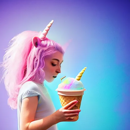 Prompt: an ultra high definition pastel coloured photograph of a real life unicorn eating and ice cream. refraction, volumetric lighting iridescence.