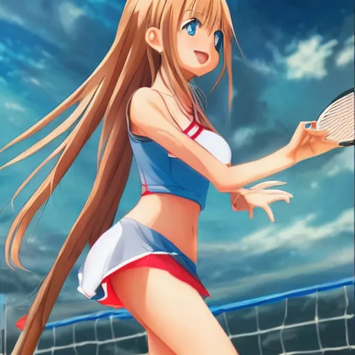 Prompt: a very beautiful young anime tennis yuuki asuna, full body, long wavy blond hair, sky blue eyes, full round face, bikini, miniskirt, front view, mid - shot, highly detailed, cinematic wallpaper by stanley artgerm lau