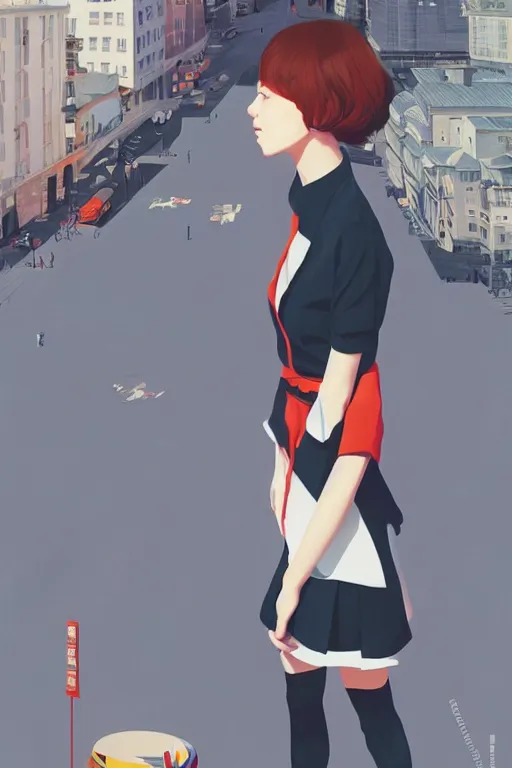 Image similar to a cute giantess wearing school uniform standing in the city which seem small, bird's eye view, strong brush stroke, sharp focus, illustration, morandi color scheme, art station, by ilya kuvshinov