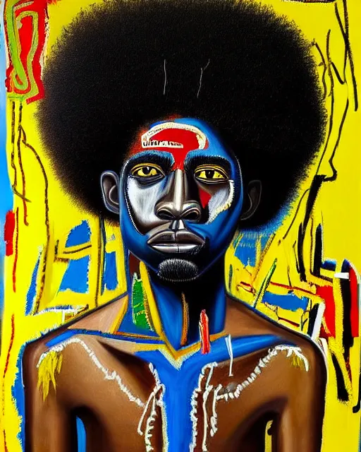 Image similar to A extremely ultra highly detailed majestic hi-res beautiful immaculate head and shoulders award winning painting stunning masterpiece of the face of a strong black african warrior man with an afro by Jean-Michel Basquiat, 8k, high textures, ultra hyper sharp, insanely detailed and intricate, super detailed, 8k HDR ultra high quality