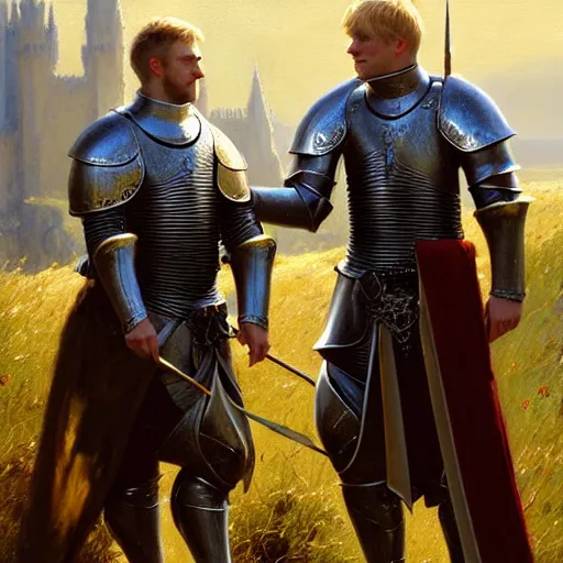 Image similar to attractive arthur pendragon and his favourite attractive male knight, they are in love, camelot, natural lighting, path traced, highly detailed, high quality, digital painting, by gaston bussiere, craig mullins, j. c. leyendecker