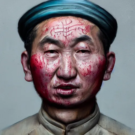 Prompt: photorealistic face portrait of chinese uyghur muslim prisoner, paint, wearing victorian rags, elite, disfigured, drooling, moist, unnatural movement, they are unhappy, bizzaro, renaissance, by emedios varo and anato finnstark and fenghua zhong and giacometti, hyperrealism, 8 k, 3 d, masterpiece, texture