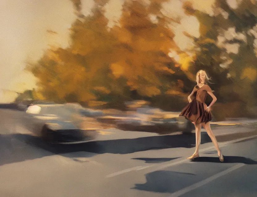 Prompt: girl leans out of a car window, motion photo, in the early morning, long distance photo, golden hour, bleach bypass, warm tones, beige colors, sunlight, digital 2 d, polaroid, high - key lighting, by lisa yuskavage, by serov valentin, by krenz cushart