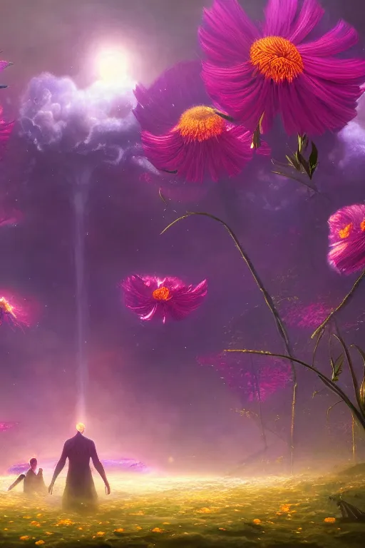 Prompt: imagine dragons in a flower cosmos, illustration, moody, chaotic, god, mist, nuclear explosion background, volumetric lighting, soft lighting, soft details, painting oil on canvas by ryan church and Edmund Blair Leighton, octane render, HDR, trending on artstation, 4k, 8k, HD