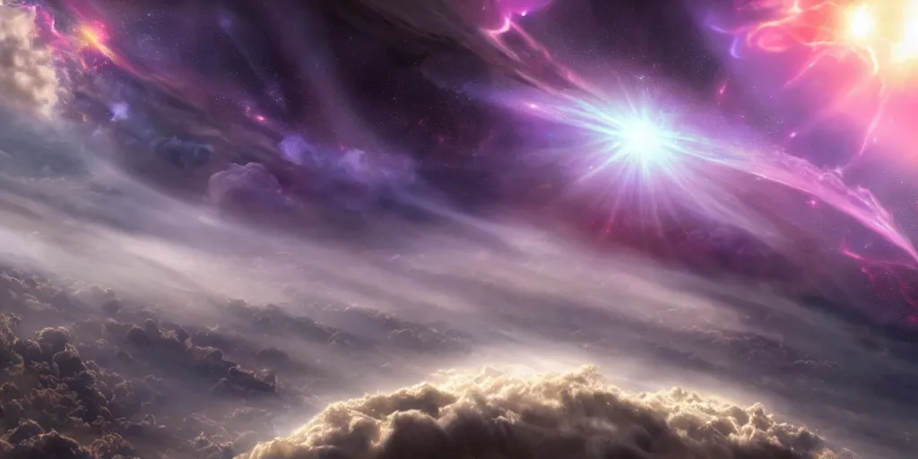 Prompt: Cosmic inflation bubbles peaking through the clouds, ascended master floating in the center emitting rays of consciousness concept art, matte painting, 8k, highly detailed, artstation, light being, high quality,