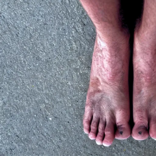 Image similar to feet for hands extreme long shot of human with feet for hands, scary, detail,