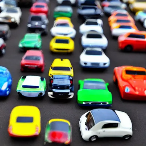 Image similar to a badly lit photo taken by an old phone of a box full of toy cars.