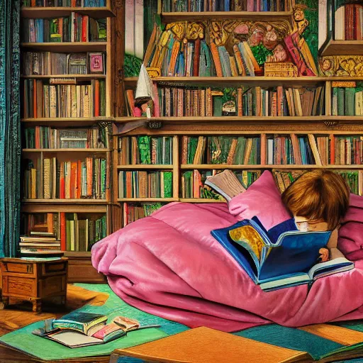 Prompt: photorealistic contemporary illustration of a beautiful photorealistic child reading books, beautifully portrayed inside a retrofuturistic maximalist hyperdetailed room. well detailed in the style of Caravaggio, Michelangelo, Paul Gauguin, Modigliani, with flemish baroque vibrant shiny maximalist mixed media 3d textures in soft pastel tones. matte background. finished HD HD HDR high res 8x sharp