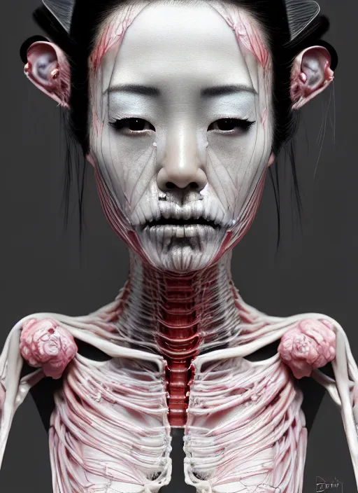 Prompt: 3 / 4 portrait, geisha girl with transparent skin, visible muscle and bones and veins and nerves, david cronenberg, hyperrealism, detailed textures, photorealistic 3 d cyberpunk apocalyptic city, futuristic clothing and helmet, ultra realistic, cinematic, intricate, cinematic light, unreal engine 8 k, octane render, unreal engine by david kostic and stanley lau and artgerm