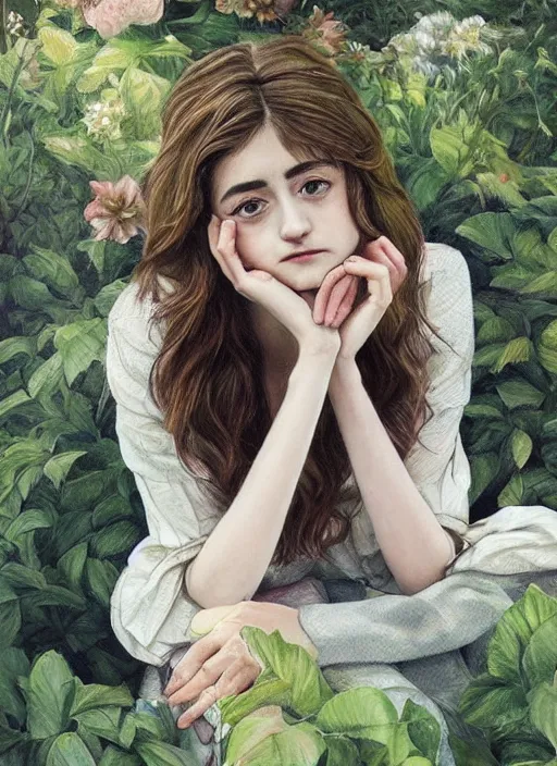 Image similar to a beautiful portrait of Natalia Dyer sitting in a stunning garden, Artgerm, hyperdetailed, realistic